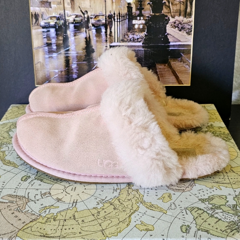 Ugg pinkish fur suede mules, size 6.5